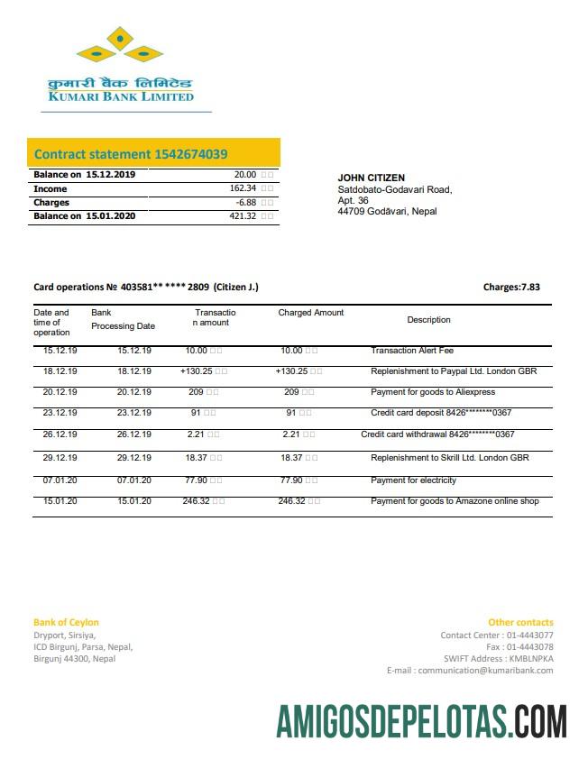 Nepal Kumari Bank Statement examplo